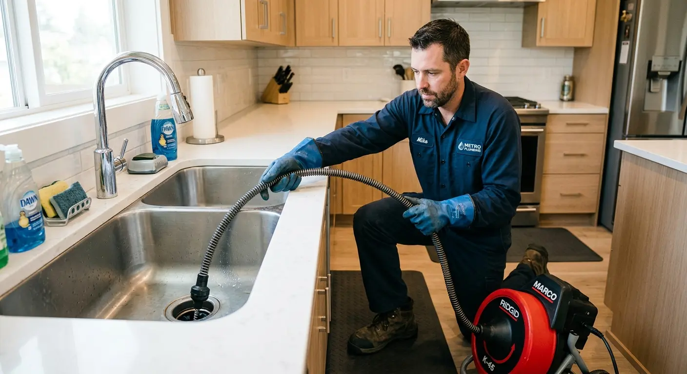 Drain cleaning technician using a motorized snake on a kitchen sink in Hillsboro