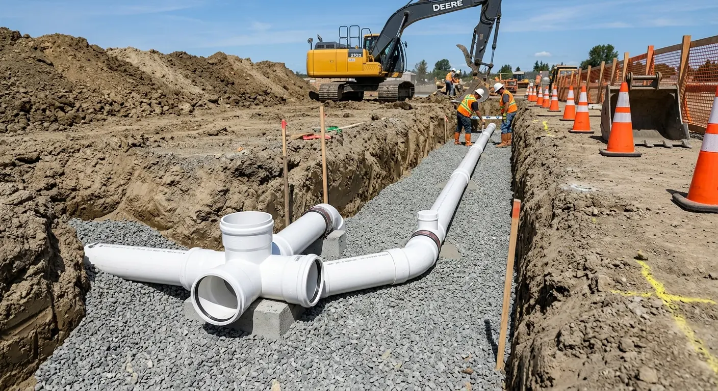 New PVC sewer pipe installation in open trench for Sewer Camera Inspection in Hillsboro