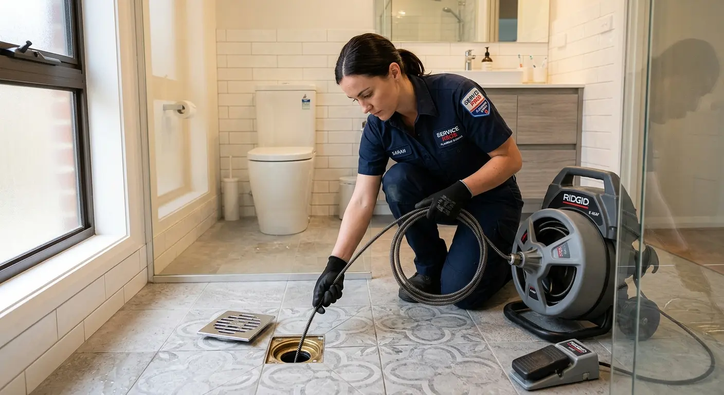 Technician clearing a bathroom floor drain for Sewer Line Installation in Hillsboro